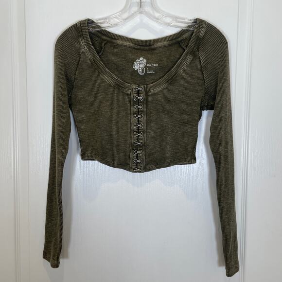 Anthropologie Pilcro Crop Top Hook Eye Olive Green Fade-Out Rib Long Sleeve S - Picture 1 of 5